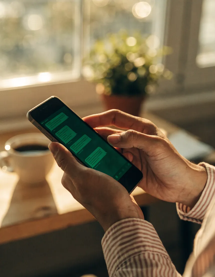 Emprendedor cerrando una venta por WhatsApp desde casa